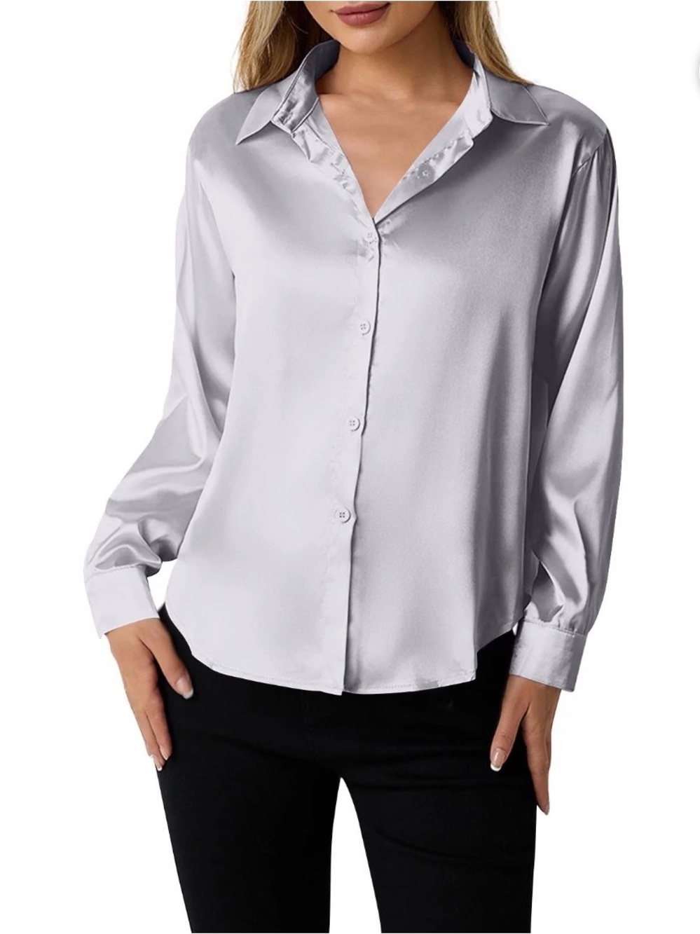 Hudson Gray Silver Satin Textured Oversized Button Shirt Size L‎